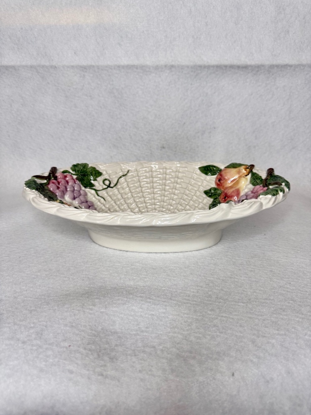 Vintage Ceramic Basketweave Oval Bowl w/ Grapes, Pears, Peaches